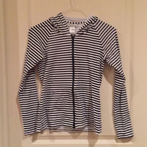 Black & white long sleeve striped hooded cover up